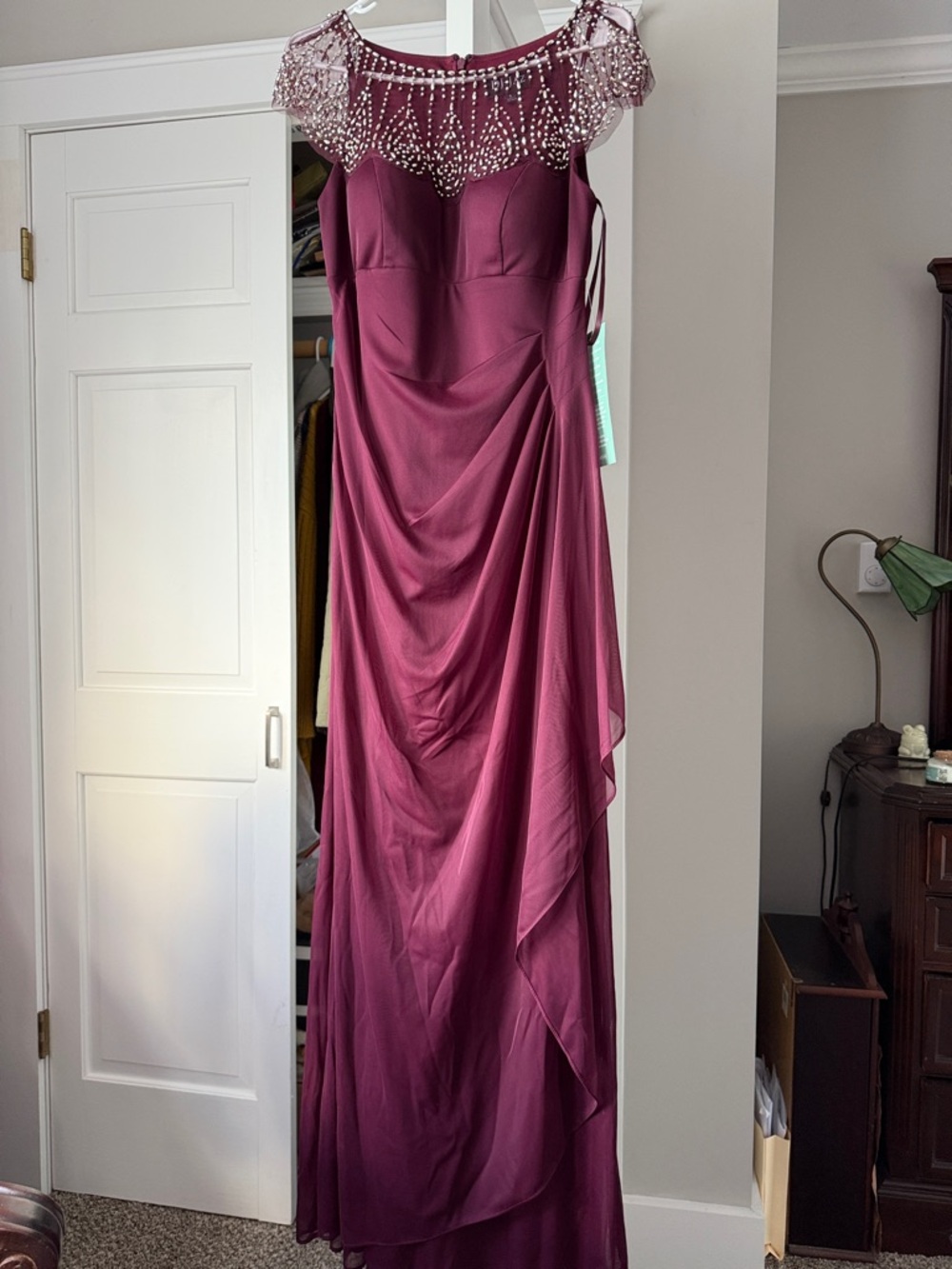 Elegant Beaded Off-Shoulder Prom Dress in Wine